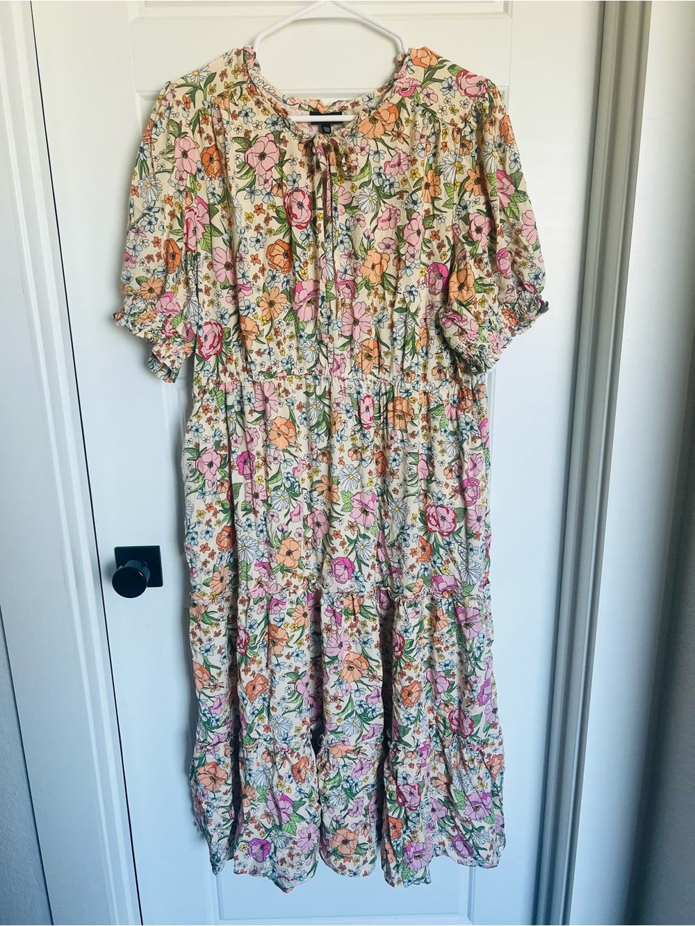 Who What Wear Cream Floral Tie-Neck Dress with Pink, Green & Orange Accents - Picture 2 of 6